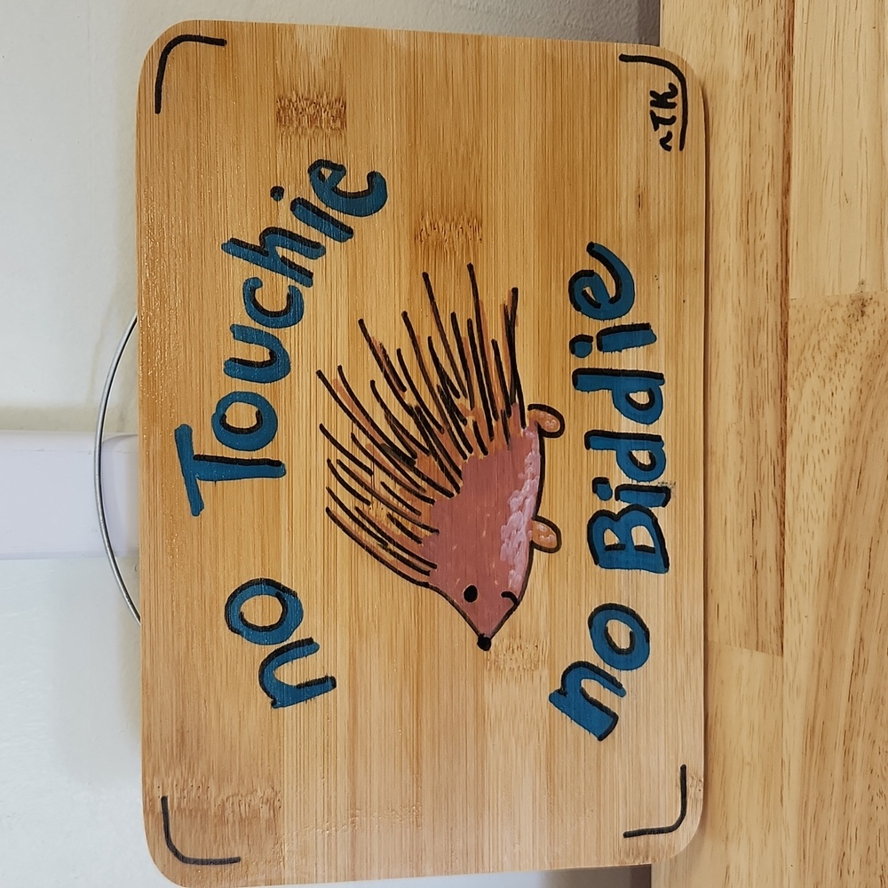 Hand Crafted Wooden Porcupine  - No Touchie No Biddie Sign 10 X 7